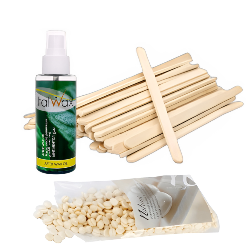 ITALWAX Depilační sada – filmový vosk White Chocolate 200 g + tenké špachtle 100 ks + olej po depilaci 100 ml